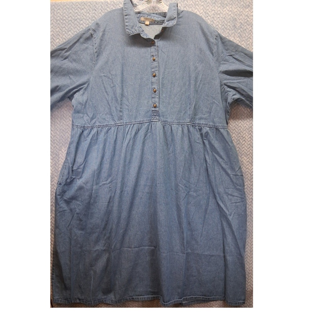 Woman Within Denim Shirt Dress Blue Cotton Plus Size 30W Long Sleeve Pocketed